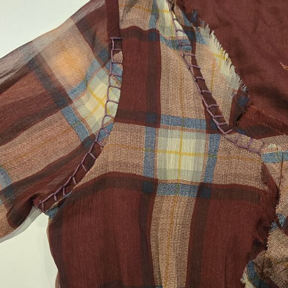 Desigual Empire-Waist Burgundy Plaid Embroidered Fringe Peasant Top Tunic -Sz L - Picture 4 of 15